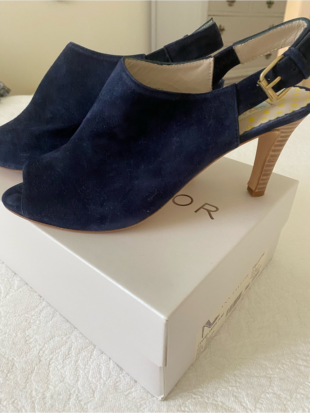 Boden Navy Suede Peep-Toe Slingback Heels